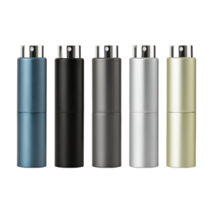 Picture of five twist up perfume atomisers with silver spray cap. Blue, black, charcoal, light grey and champagne colours.